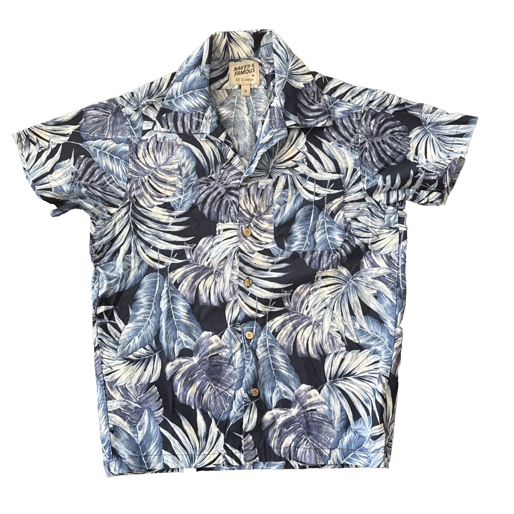 Naked & Famous Aloha Shirt Mens Medium Japanese Fabric Navy Blue Made in Canada